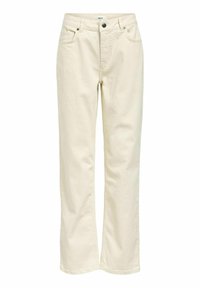 Kreemivärvilised sirged teksad, valmistatud denimist, viie tasku disainiga, ees nupuga sulgemine ja tagasihoidlikud õmblusdetailid.