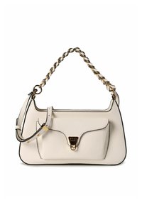 Witte leren handtas met een gestructureerde vorm, goudkleurige hardware, een kettingriem en een verstelbare leren schouderriem.