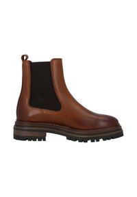 Bruna läderchelseaboots med elastiska sidopaneler, rund tå och en strukturerad gummisula för bra grepp. Har en dragslip på baksidan.