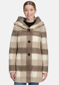 Wollmischungsjacke in einem braunen und cremfarbenen Karomuster; verf�ügt über eine Kapuze, fünf Knöpfe und eine weiche Textur.