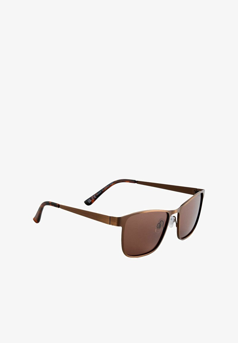 Pruunist metallist päikeseprillid ruudukujuliste läätsedega, pruunika tooniga läätsed ja mustrilised tumepunased templiotsad. Sisaldab reguleeritavaid ninapatju.