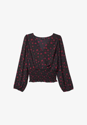 Czarna bluzka z długim rękawem z dekoltem kopertowym, z marszczonym wcięciem w pasie oraz wzorami w czerwone róże i serca. Miękki, lekki materiał.