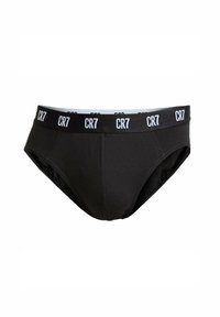 Schwarze Baumwollunterhosen mit einem weißen Taillenbund. Der Taillenbund ist mit dem Text "CR7" in Schwarz bedruckt. Glatte Textur und klassischer Slip-Schnitt.