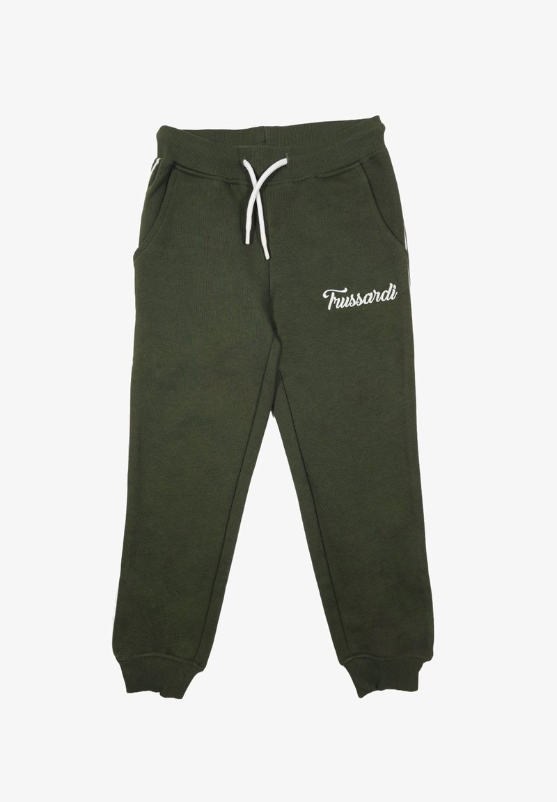 Pantaloni della tuta verdi con coulisse, tasche laterali e dettagli del logo bianco. Realizzati in tessuto morbido, presentano polsini a coste alle caviglie.