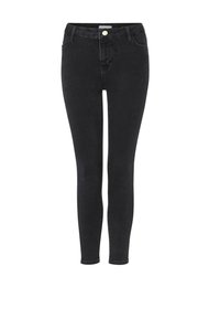 Mustat slim-fit-farkut, joissa etunappi, vyölenkit ja etutaskut, esitetty valkoista taustaa vasten.