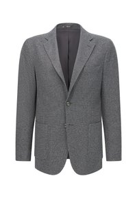 Texturovaný šedý blazer s klopou, dvěma předními kapsami a dvěma knoflíky. Disponuje hladkým vnitřním podšívkým.