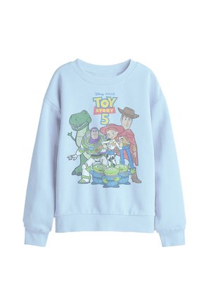 Light blue sweatshirt featuring Toy Story 5 characters including Woody, Buzz Lightyear, Jessie, Rex, and three green aliens.