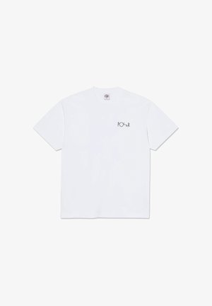 Camiseta blanca de manga corta con pequeño logo de texto negro "POLAR" en el pecho izquierdo, mostrada sobre un fondo blanco.