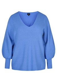 Helles Blau, V-Ausschnitt Pullover mit geripptem Muster, Ballonärmeln und schmalen Manschetten. Aus weichem Material gefertigt, mit einem Etikett am Kragen.