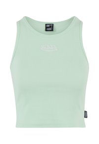Mjäla grön croppad tanktop med ribbad textur och vit broderad logotyp. Har en rund halsringning och sidetikettdetaljer.