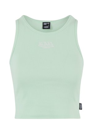 Mint green cropped tank top with ribbed texture and white embroidered logo. Features a round neckline and side tag detailing.