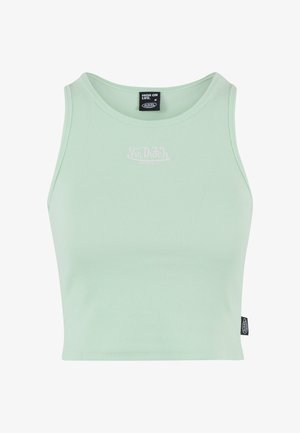 Mündroheline lühike tank top, millel on ribakujuline tekstuur ja valge brodeeritud logo. Omab ümmargust kaelust ja külje etiketti.