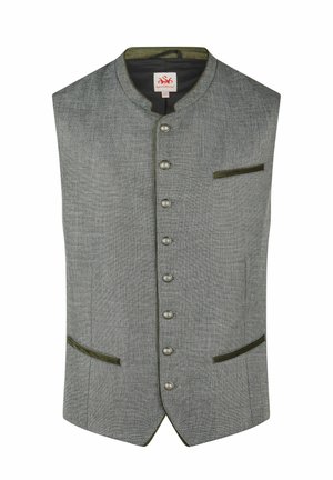 Gilet homme gris texturé avec col mandarin, sept boutons en métal et trois poches à bordures foncées.