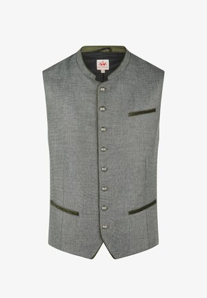 Gilet homme gris texturé avec col mandarin, sept boutons en métal et trois poches à bordures foncées.