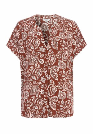 Kurzärmelige Bluse in Rostfarbe mit weißem floralen Paisley-Muster und V-Ausschnitt.