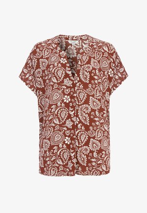 Rustfarvet kortærmet bluse med hvidt blomstret paisley-mønster og V-hals.