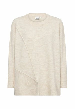 Beige knitted sweater featuring a loose fit, round neckline, asymmetrical design, and textured accents along the hem and sleeves.
