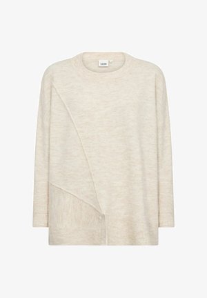 Bézs kötött pulóver, laza szabással, kerek nyakkivágással, aszimmetrikus kialakítással és texturált díszítésekkel a szegélyen és az ujjakon.