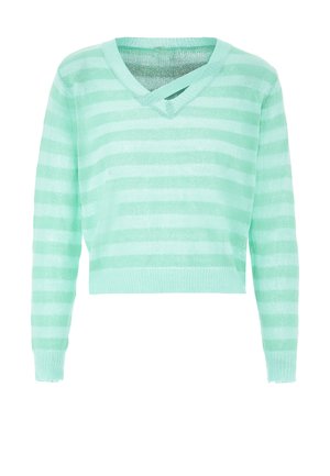 Hellgrüner, verkürzter Pullover mit abwechselnden Streifen. Hat einen V-Ausschnitt und lange Ärmel, gefertigt aus einem weichen, leicht strukturierten Material.