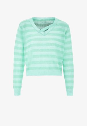 Hellgrüner, verkürzter Pullover mit abwechselnden Streifen. Hat einen V-Ausschnitt und lange Ärmel, gefertigt aus einem weichen, leicht strukturierten Material.