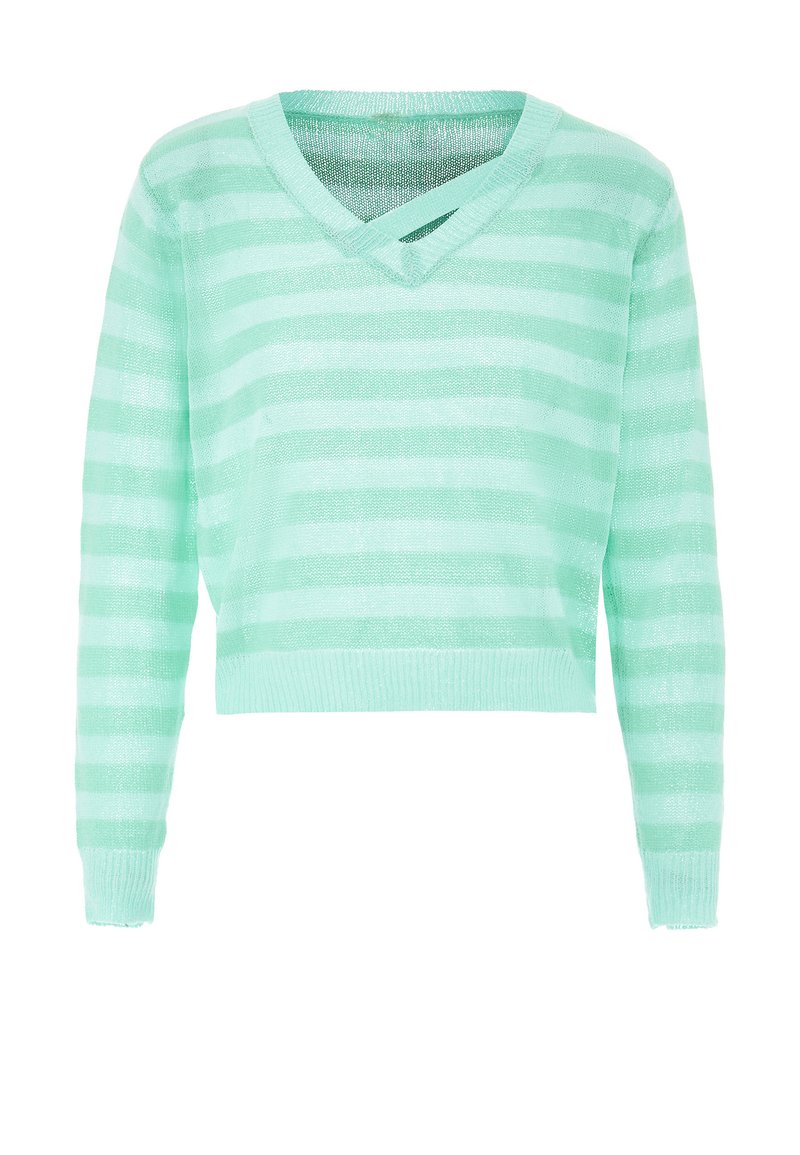 Maglione corto verde chiaro con righe alternate. Presenta un collo a V e maniche lunghe, realizzato in un materiale morbido e leggermente testurizzato.