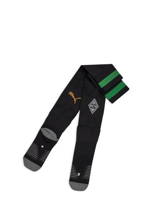 Black sports socks with gray toes and heels, green stripes at the top, a gold Puma logo, and a white diamond-shaped emblem with a "B" inside.