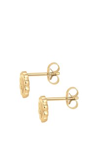 Goldene blumenförmige Ohrstecker mit gewelltem Rand, versehen mit einer polierten Oberfläche und einem Schmetterlingsverschluss.