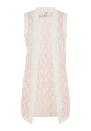 Mouwloos vest met een witte gebreide rand en een lichtroze kantpatroon met cirkelvormige en ovale motieven. Open voorkant.
