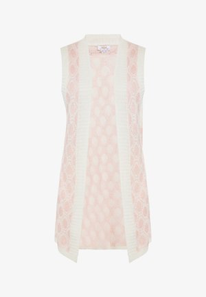 Mouwloos vest met een witte gebreide rand en een lichtroze kantpatroon met cirkelvormige en ovale motieven. Open voorkant.