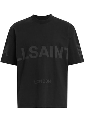 Black oversized T-shirt with dark grey "ALLSAINTS" text across chest and "LONDON" in smaller letters below.