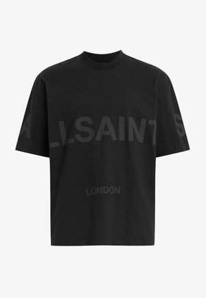 T-shirt oversized preta com texto em cinza escuro "ALLSAINTS" ao longo do peito e "LONDRES" em letras menores abaixo.