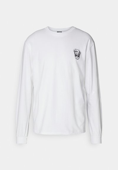 White long-sleeve t-shirt in cotton with a crew neckline. Features a black graphic design on the left chest area. Plain back.