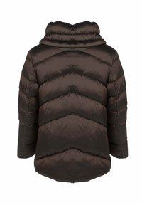 Chaqueta tipo puff en marrón con un diseño de chevrón, que cuenta con un cuello alto y una textura de tela suave y brillante. No tiene cierres ni acentos visibles.