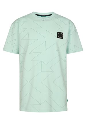 Minzgrünes Kurzarm-T-Shirt mit einem geometrischen Zickzackmuster in dunklerem Grün und einem schwarzen gewebten Logo-Patch auf der linken Brust.