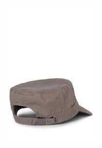 Gray cotton cap with a round crown, short visor, and adjustable back strap. Features a subtle texture and minimal hardware accents.