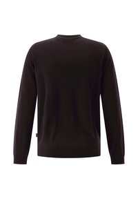 Schwarzer Pullover mit langen Ärmeln und Rundhalsausschnitt. Aus einem glatten, weichen Stoff gefertigt; mit geripptem Saum und Bündchen; keine sichtbaren Muster oder Akzente.