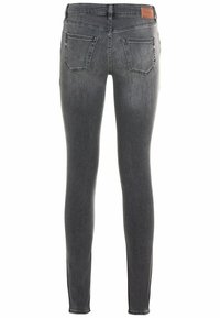 Strakke jeans in donkergrijze denim, met een medium taillehoogte, vijf zakken en een bruin leren label op de achterkant van de taille. Gestructureerd oppervlak.