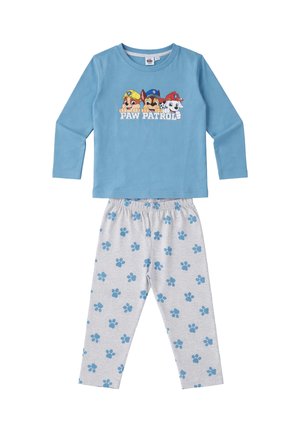 Pigiama per bambini composto da maglia a maniche lunghe blu con personaggi di Paw Patrol e pantaloni grigio chiaro con impronte di zampe blu.