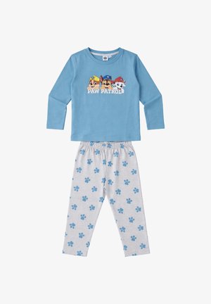 Pigiama per bambini composto da maglia a maniche lunghe blu con personaggi di Paw Patrol e pantaloni grigio chiaro con impronte di zampe blu.