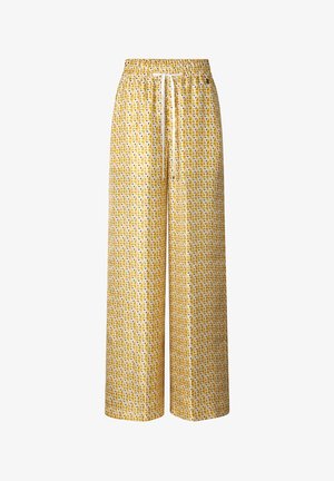 Yellow wide-leg pants with white geometric pattern and white drawstring waistband.
