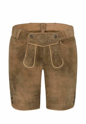 Bruine suède traditionele herenshorts met geborduurde voorklep en knopen aan de zijkanten, typisch voor de Beierse lederhosenstijl.