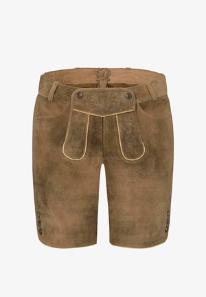 Braune Wildleder-Traditional-Herrenshorts mit bestickter vorderer Klappe und Knöpfen an den Seiten, typisch für den bayerischen Lederhosenstil.