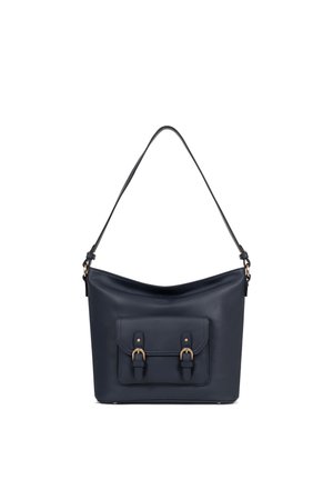 Sac à épaule en cuir bleu marine avec une poche avant munie de deux sangles à boucle et une seule bandoulière réglable.