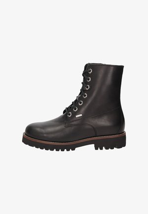 Bottines en cuir noir à lacets avec un bout arrondi, une semelle robuste et des œillets en métal. Présente une finition texturée et une semelle brune contrastante.