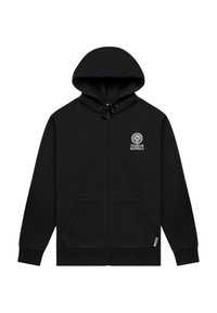 Haut à glissière noir en mélange de coton, doté d'une capuche avec cordon de serrage, de poches avant et d'un logo sur la poitrine.
