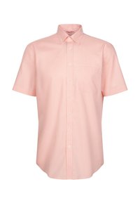 Camicia a maniche corte con bottoni in tessuto rosa chiaro, con colletto a punta, tasca frontale e bottoni bianchi. Texture liscia.