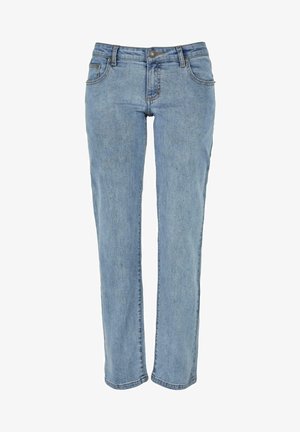 Gai zila džinsu bikses ar taisnu kāju dizainu, kas aprīkots ar priekšējiem kabatām, pogu aizdari un smalku izšuvumu detalizācijām.