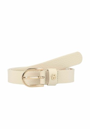 Cintura in finta pelle crema con una finitura testurizzata, caratterizzata da una fibbia in metallo color oro e un anello per fissare l'estremità della cintura.