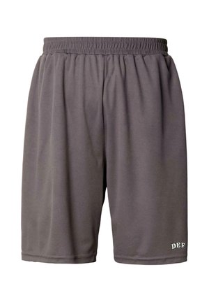 Mørkegrå elastiske shorts med afslappet pasform og lille "DEF"-logo nær den nederste kant på venstre ben.