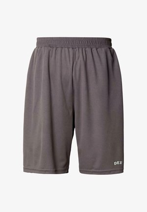 Mørkegrå elastiske shorts med afslappet pasform og lille "DEF"-logo nær den nederste kant på venstre ben.